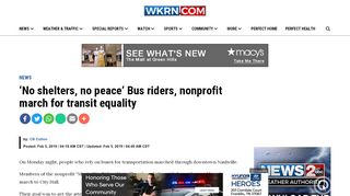 Screenshot of WKRN news article "No Shelters, no peace" Bus Riders, nonprofit march for transit equality"