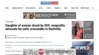 WKRN news article "Daughter of woman struck by SUV nonprofits advocate for safer crosswalks in Nashville"