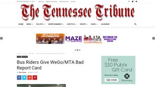 Screenshot of The Tennessee Tribune online article "Bus Riders Give WeGo/MTA Bad Report Card
