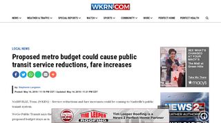 WKRN screenshot of online article "Proposed metro budget could cause public transit service reductions, fare increases"