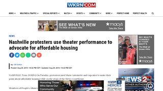 Screenshot of WKRN article "Nashville protesters use theater performance to advocate for affordable housing"