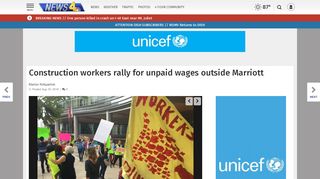 News 4 screenshot of online article "Construction workers rally for unpaid wages outside Marriott"